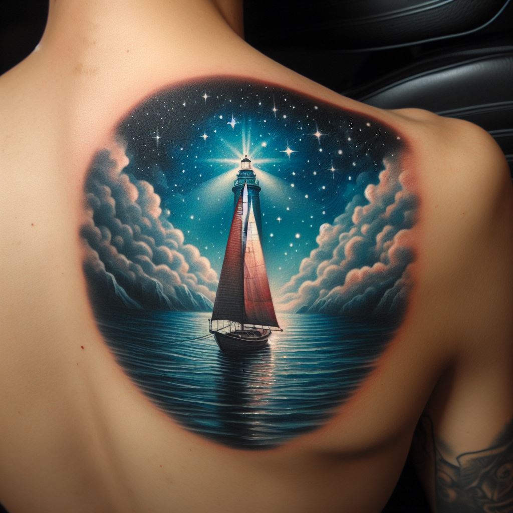 An evocative tattoo of a sailboat crossing calm waters towards a distant lighthouse, located on the shoulder blade. The scene is set against a backdrop of a starry night sky, symbolizing guidance, hope, and the soul's peaceful voyage to the afterlife, with attention to lighting and detail.