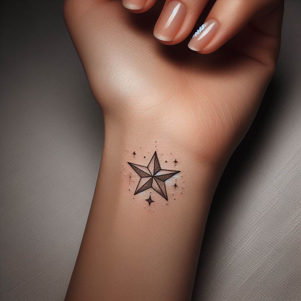 A small, intricate star tattoo delicately positioned on the inside of the wrist. The design features a classic five-pointed star surrounded by tiny dots to simulate a twinkling effect, embodying a minimalist yet captivating charm.