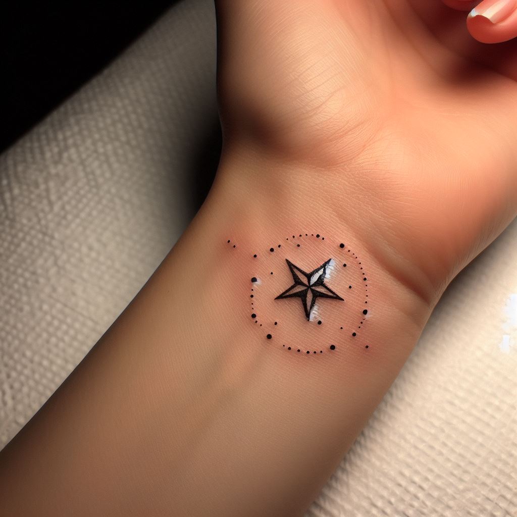A small, intricate star tattoo delicately positioned on the inside of the wrist. The design features a classic five-pointed star surrounded by tiny dots to simulate a twinkling effect, embodying a minimalist yet captivating charm.