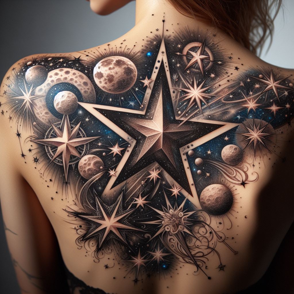 An elaborate star tattoo sprawling across the shoulder blade, incorporating various celestial elements like moons, planets, and comets. The stars are of different sizes and styles, from nautical to shooting stars, creating a mesmerizing cosmic tableau.