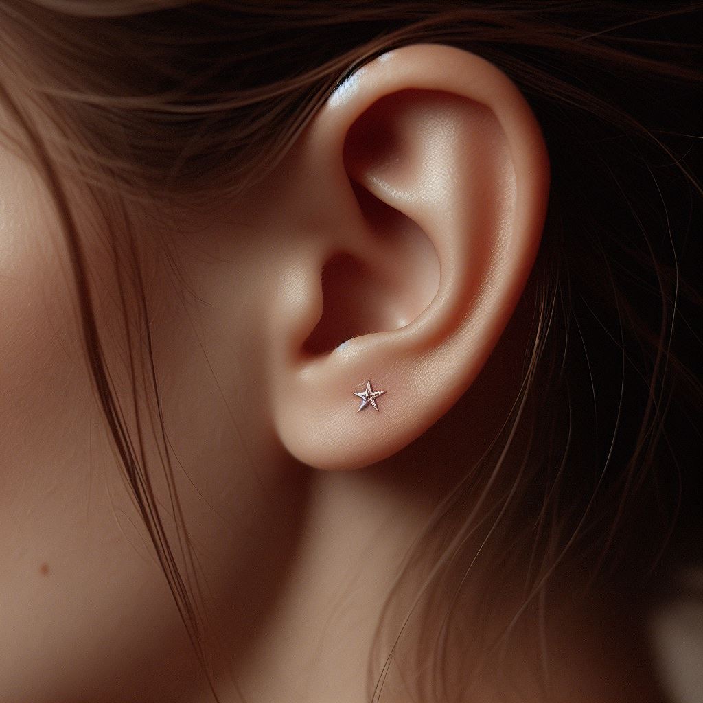 A subtle, single star tattoo located behind the ear, small enough to be hidden yet striking when revealed. This tattoo is designed with fine lines and a slight shimmer effect, giving the appearance of a delicate, lone star shining softly against the skin.