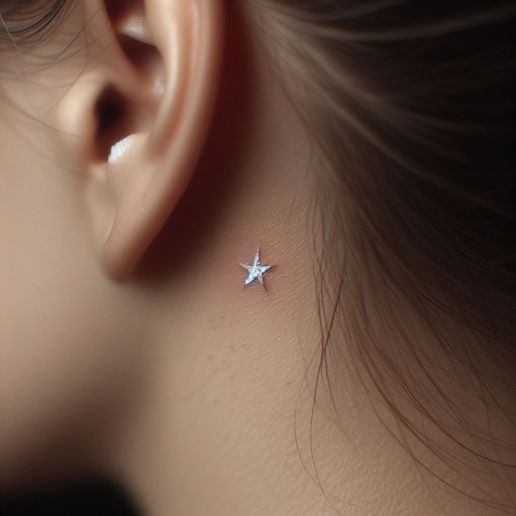 A subtle, single star tattoo located behind the ear, small enough to be hidden yet striking when revealed. This tattoo is designed with fine lines and a slight shimmer effect, giving the appearance of a delicate, lone star shining softly against the skin.