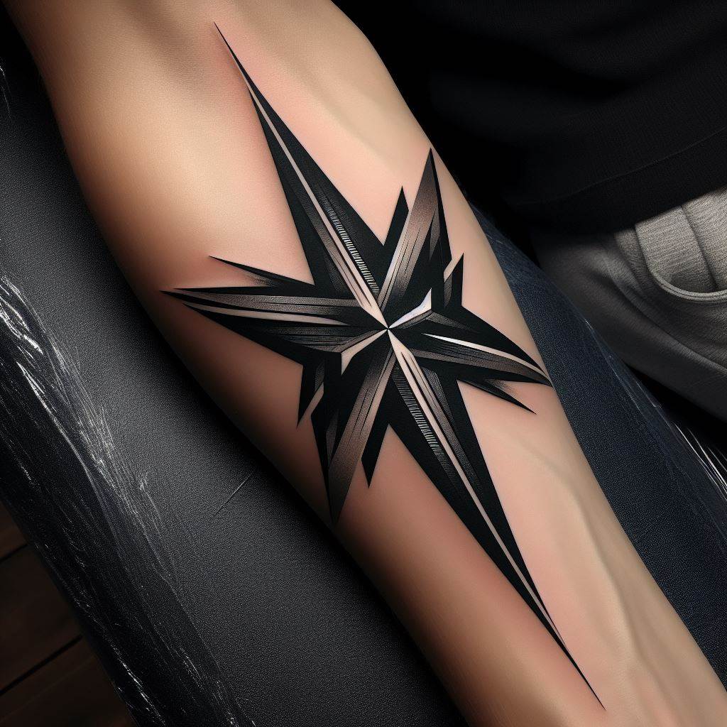 A bold, geometric star tattoo positioned on the forearm, where sharp lines and angles create a modern interpretation of the classic star shape. This tattoo is accentuated with shades of black and gray, giving it a 3D effect that stands out on the skin.