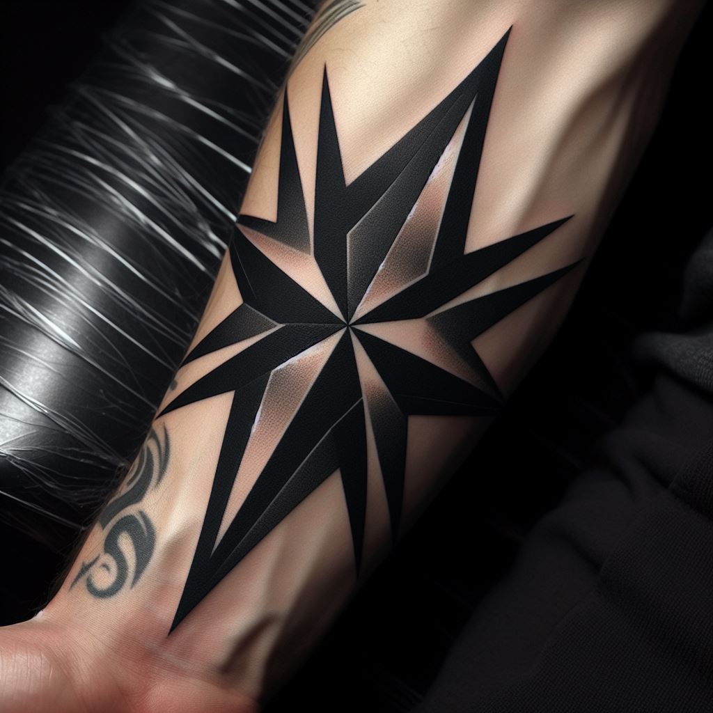 A bold, geometric star tattoo positioned on the forearm, where sharp lines and angles create a modern interpretation of the classic star shape. This tattoo is accentuated with shades of black and gray, giving it a 3D effect that stands out on the skin.