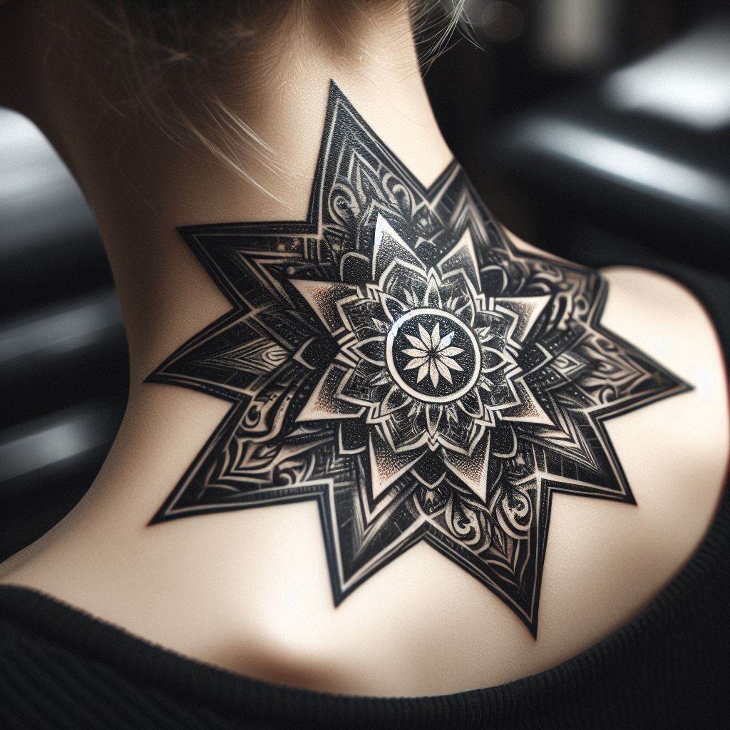 An intricate star tattoo on the side of the neck, showcasing a detailed mandala pattern within the star. The design blends cultural symbolism with celestial imagery, creating a unique tattoo that invites admiration and intrigue.