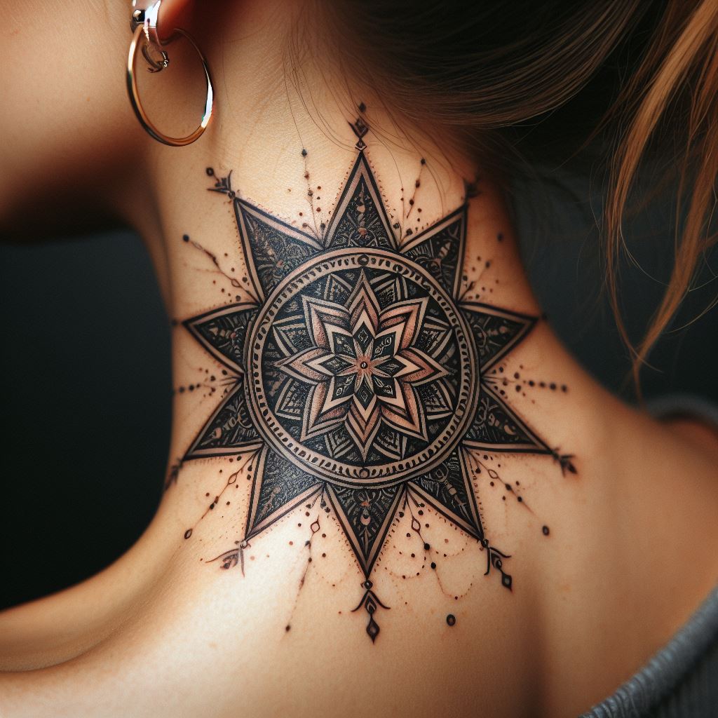 An intricate star tattoo on the side of the neck, showcasing a detailed mandala pattern within the star. The design blends cultural symbolism with celestial imagery, creating a unique tattoo that invites admiration and intrigue.