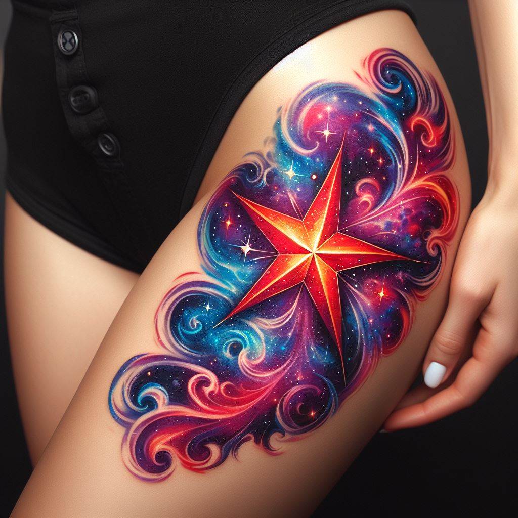 A vibrant, colorful star tattoo located on the upper thigh, featuring a galaxy theme where the star is the centerpiece among swirls of cosmic colors. This tattoo combines realism with fantasy, using bright inks to capture the awe-inspiring beauty of the universe.