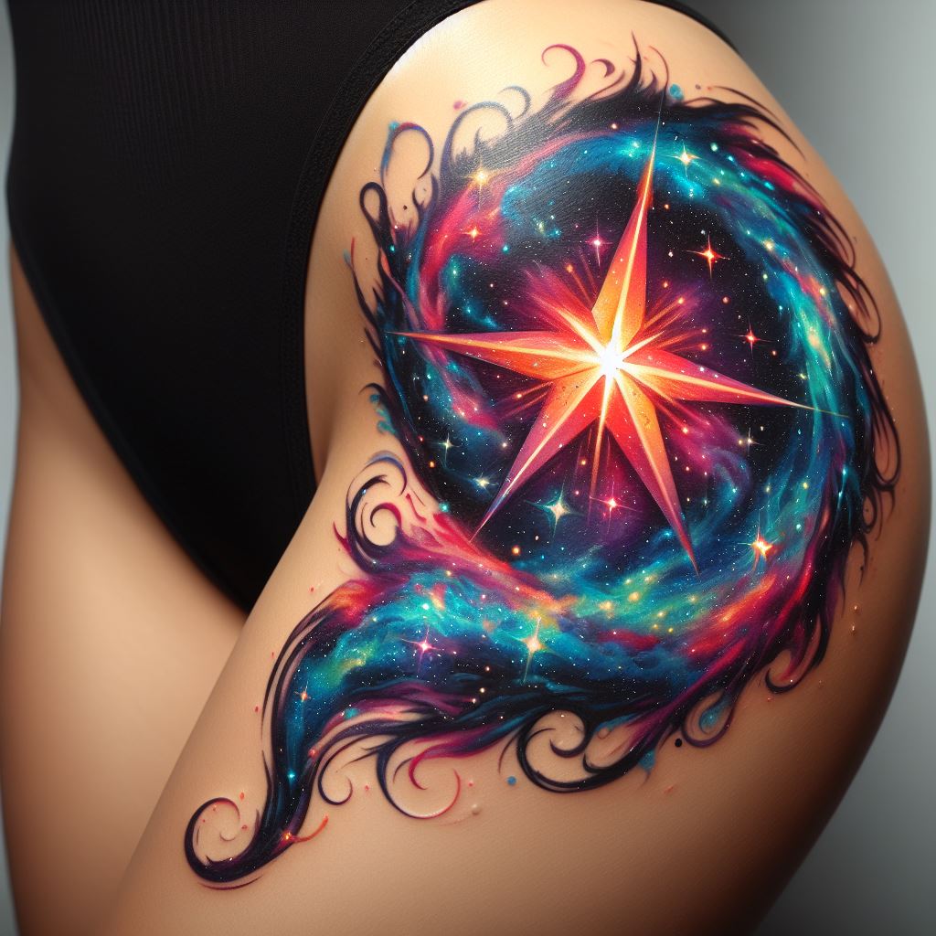 A vibrant, colorful star tattoo located on the upper thigh, featuring a galaxy theme where the star is the centerpiece among swirls of cosmic colors. This tattoo combines realism with fantasy, using bright inks to capture the awe-inspiring beauty of the universe.