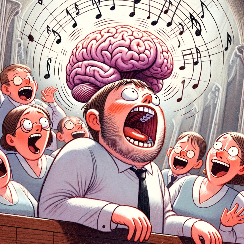 An amusing scene of a choir member getting their tongue twisted while trying to follow a particularly fast-paced song, with other members looking on in amusement. Caption: "That moment when the song is faster than your brain."