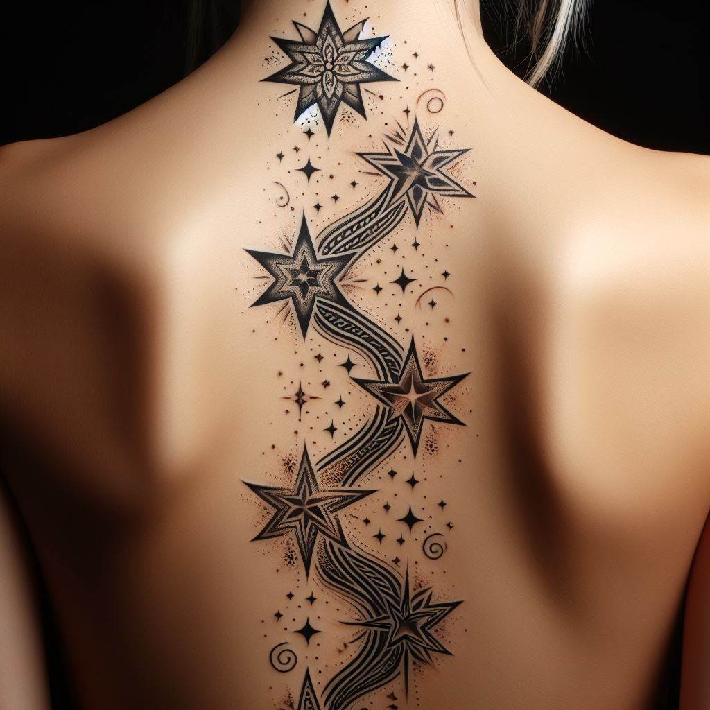 An ascending series of small to medium-sized star tattoos trailing up the spine, each star uniquely designed with patterns such as tribal, Celtic, and dotwork. This tattoo not only decorates the back but also symbolizes personal growth and enlightenment.
