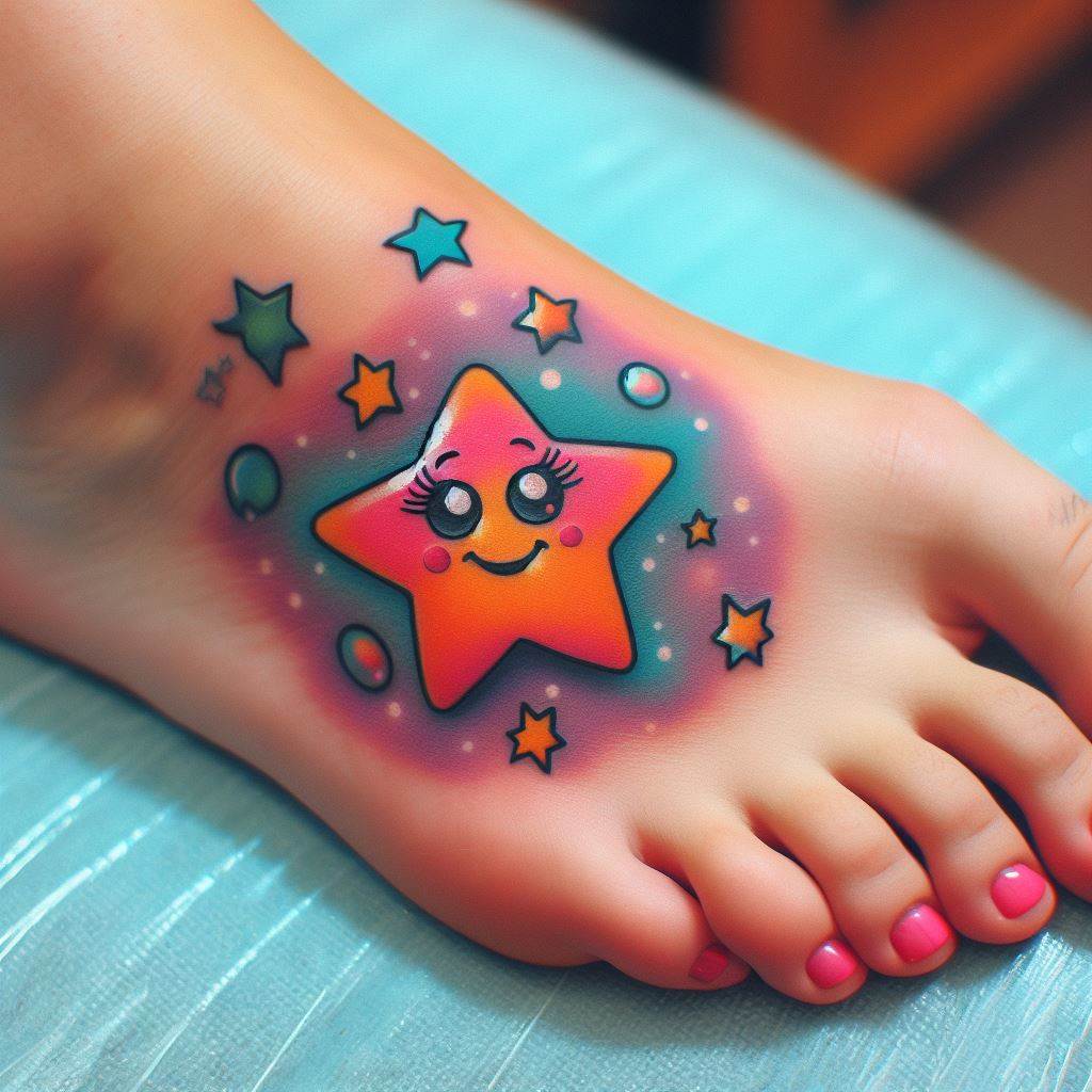 A whimsical star tattoo on the side of the foot, designed with playful elements like cartoonish expressions and bright colors. This tattoo brings a lighthearted touch to the body, turning an ordinary star into a source of joy and creativity.