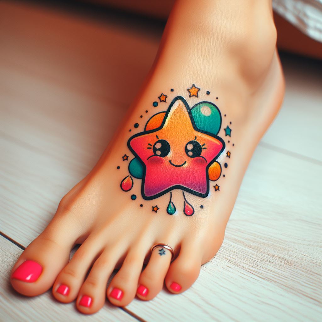 A whimsical star tattoo on the side of the foot, designed with playful elements like cartoonish expressions and bright colors. This tattoo brings a lighthearted touch to the body, turning an ordinary star into a source of joy and creativity.