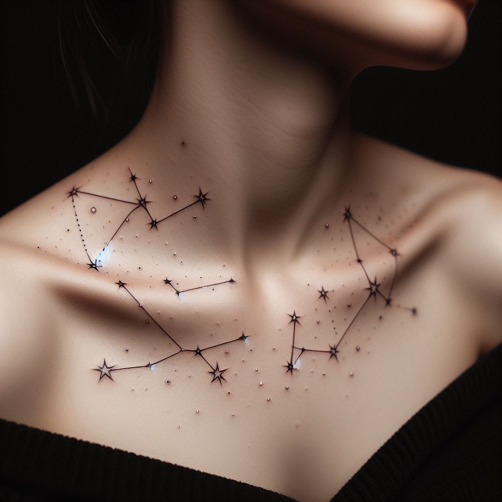 A striking constellation tattoo across the collarbone, featuring a series of stars connected by thin, dotted lines. Each star is meticulously placed to accurately represent a specific constellation, blending astronomical accuracy with aesthetic appeal for a tattoo that not only decorates but tells a cosmic story.