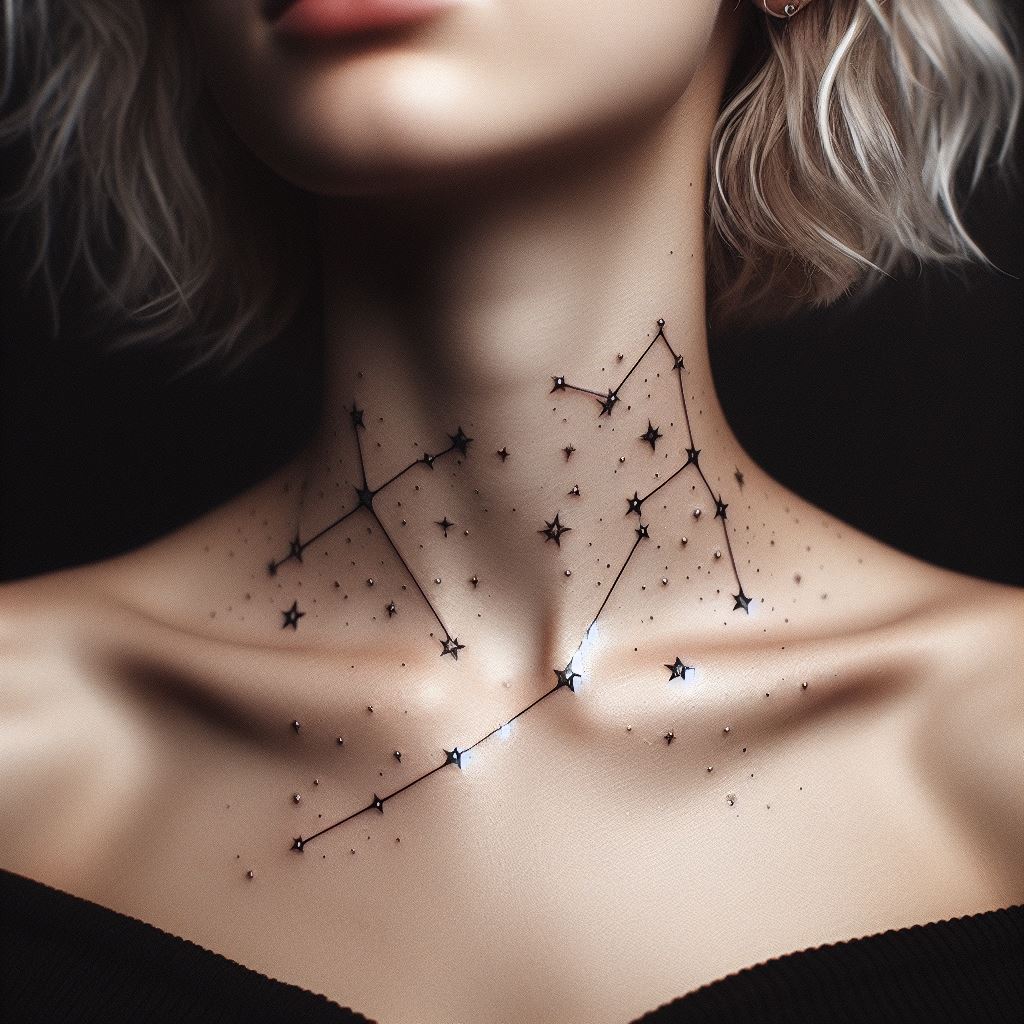 A striking constellation tattoo across the collarbone, featuring a series of stars connected by thin, dotted lines. Each star is meticulously placed to accurately represent a specific constellation, blending astronomical accuracy with aesthetic appeal for a tattoo that not only decorates but tells a cosmic story.