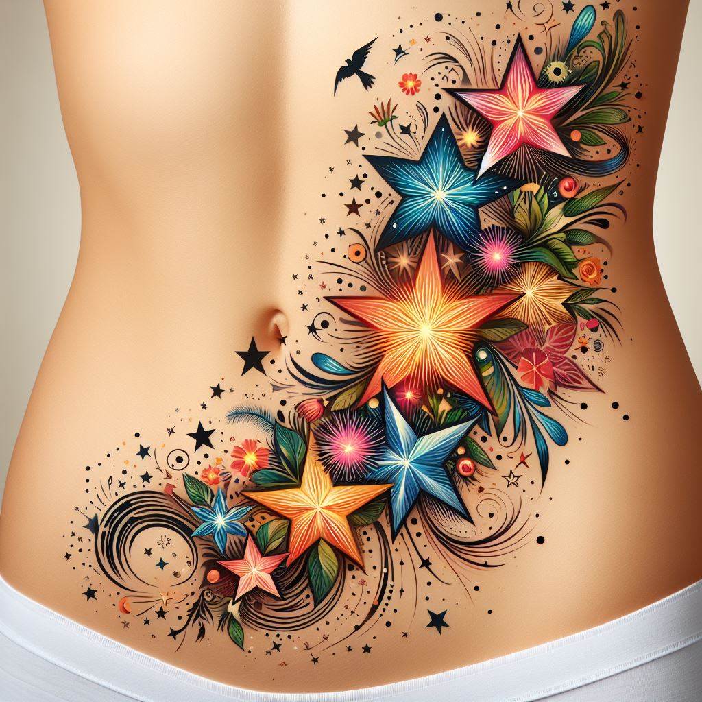 An artistic star tattoo cascading down the ribcage, with each star morphing into different elements of nature such as flowers, leaves, and birds. This design transforms simple stars into a vivid tapestry of life, symbolizing the interconnectedness of the universe and nature.