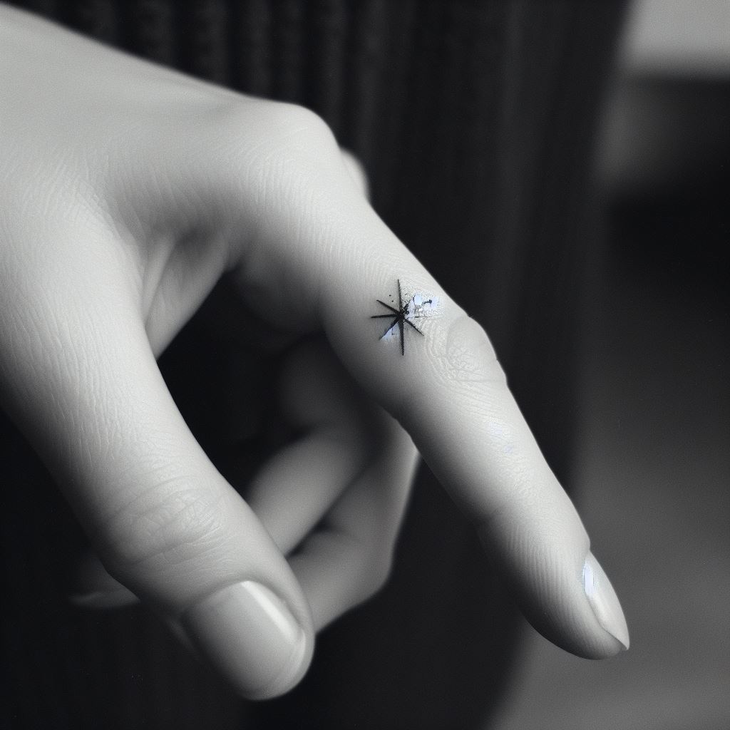 A minimalist star tattoo on the inside of the finger, small and discreet yet unmistakably elegant. The tattoo is a single, perfectly formed star, symbolizing guidance and direction in its most simplistic form, offering a personal reminder of one’s inner compass.