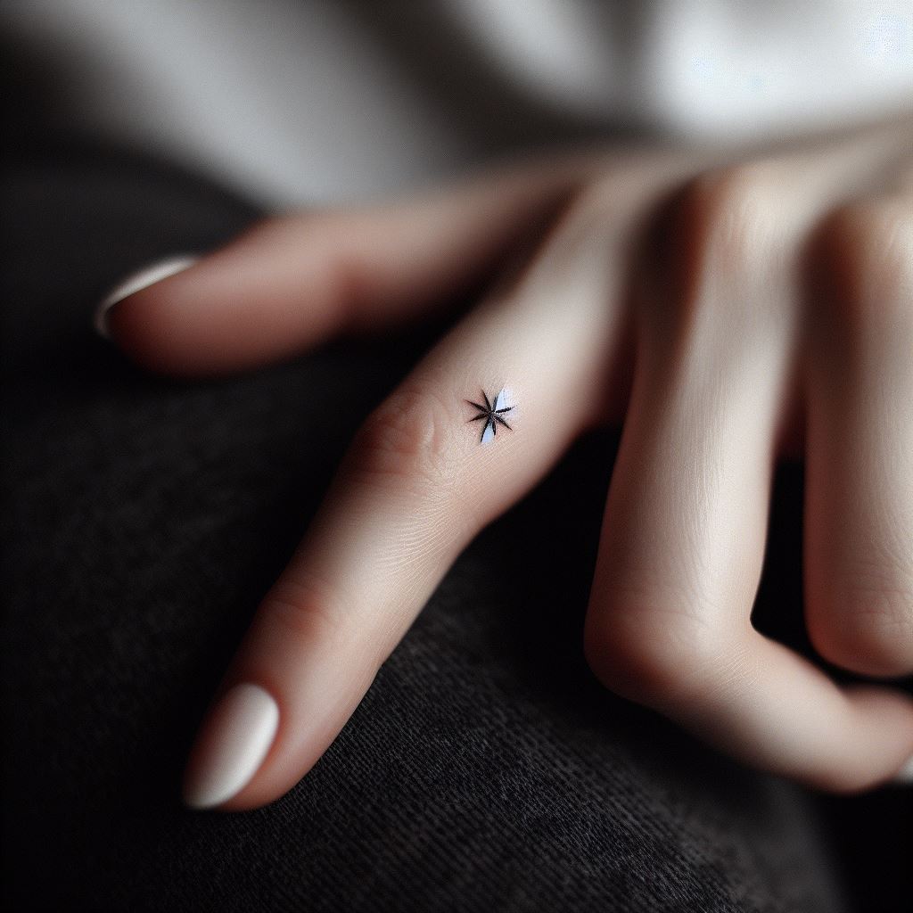 A minimalist star tattoo on the inside of the finger, small and discreet yet unmistakably elegant. The tattoo is a single, perfectly formed star, symbolizing guidance and direction in its most simplistic form, offering a personal reminder of one’s inner compass.