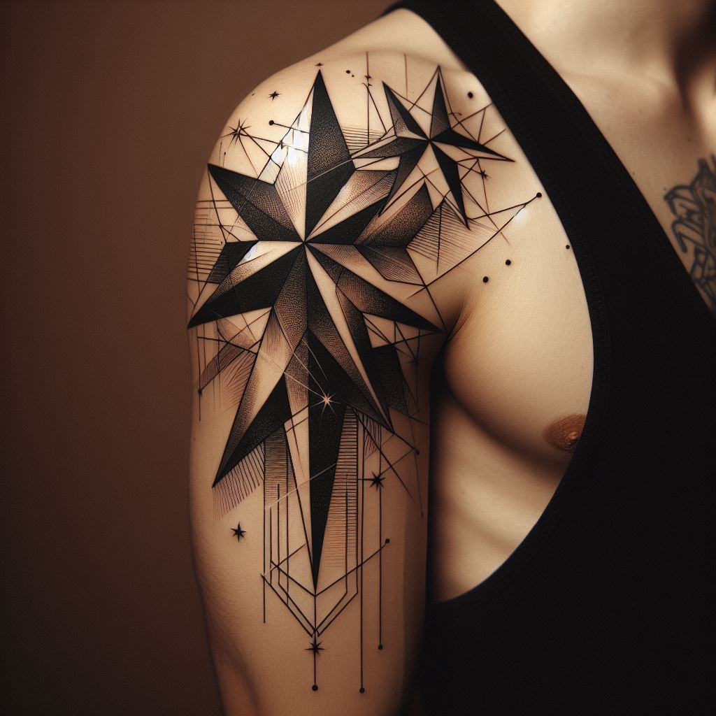 An abstract star tattoo on the upper arm, where stars are combined with geometric shapes and lines to create a modern art piece. This tattoo plays with negative space and dimensional effects, making the celestial theme both sophisticated and avant-garde.