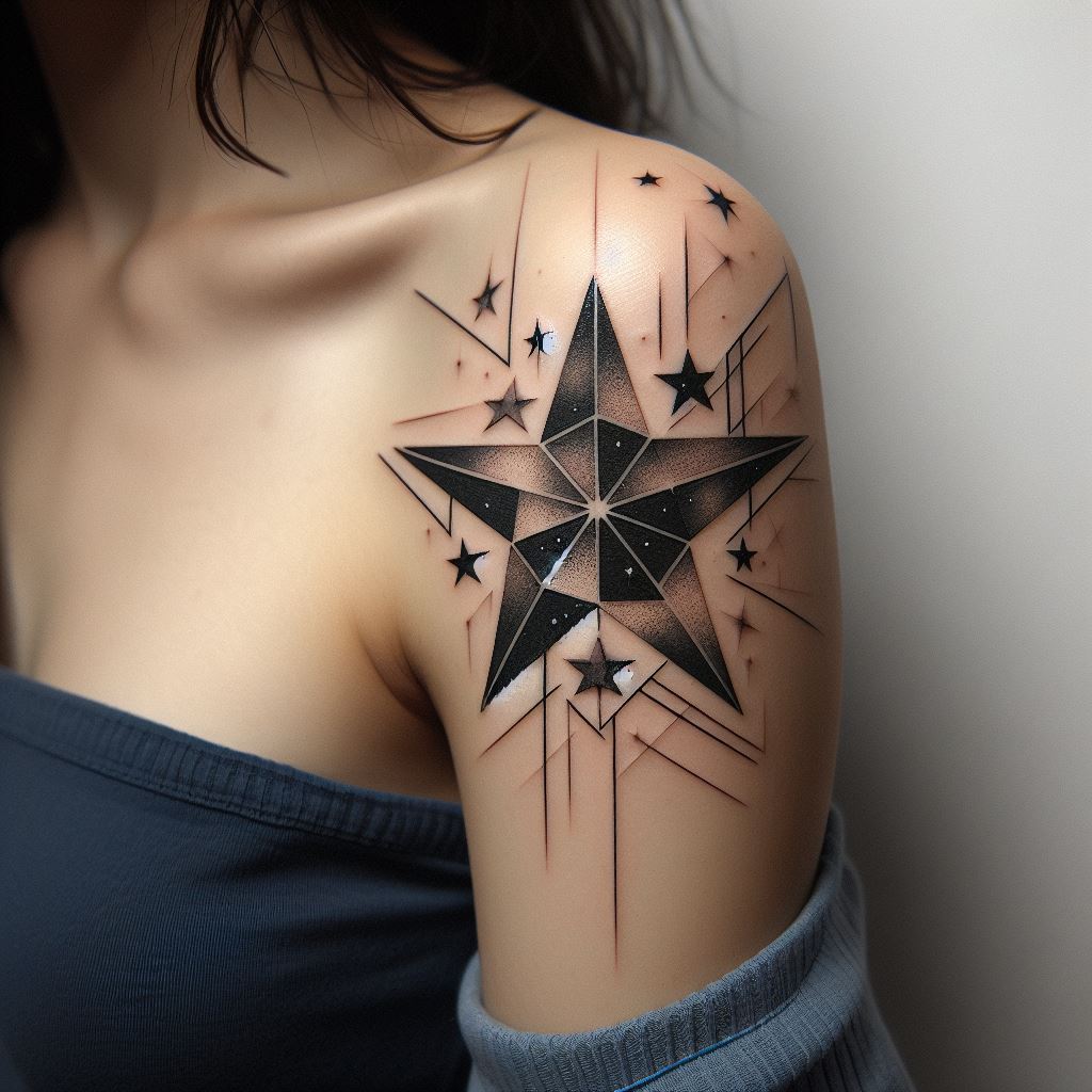 An abstract star tattoo on the upper arm, where stars are combined with geometric shapes and lines to create a modern art piece. This tattoo plays with negative space and dimensional effects, making the celestial theme both sophisticated and avant-garde.