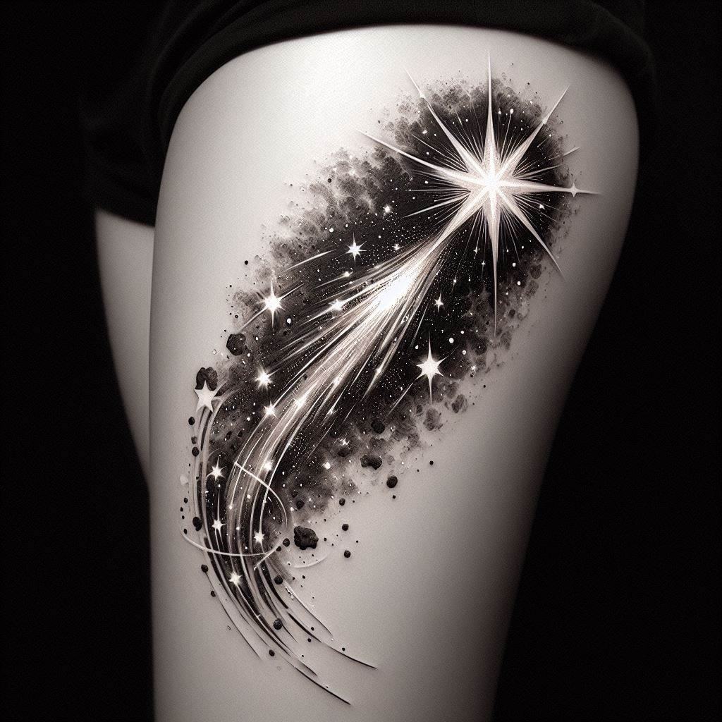 A dynamic shooting star tattoo behind the calf, capturing the motion and brilliance of a meteor streaking across the sky. The design includes a trail of smaller stars and a burst of light, giving the illusion of movement and adding a lively element to the tattoo.