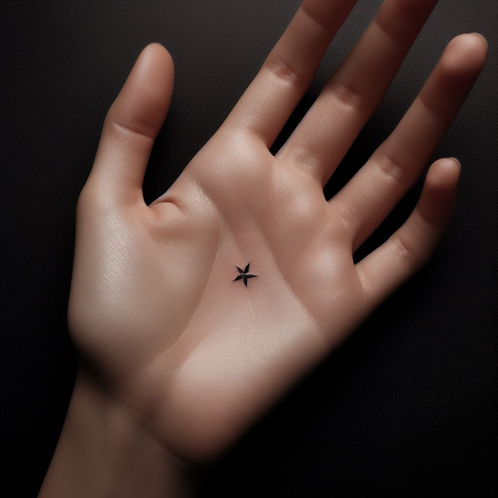 An intimate star tattoo placed on the side of the palm, featuring a tiny yet detailed star that appears to emit light. This unique placement allows for a personal symbol that is both visible and easily concealed, symbolizing one’s inner light shining through in everyday actions.