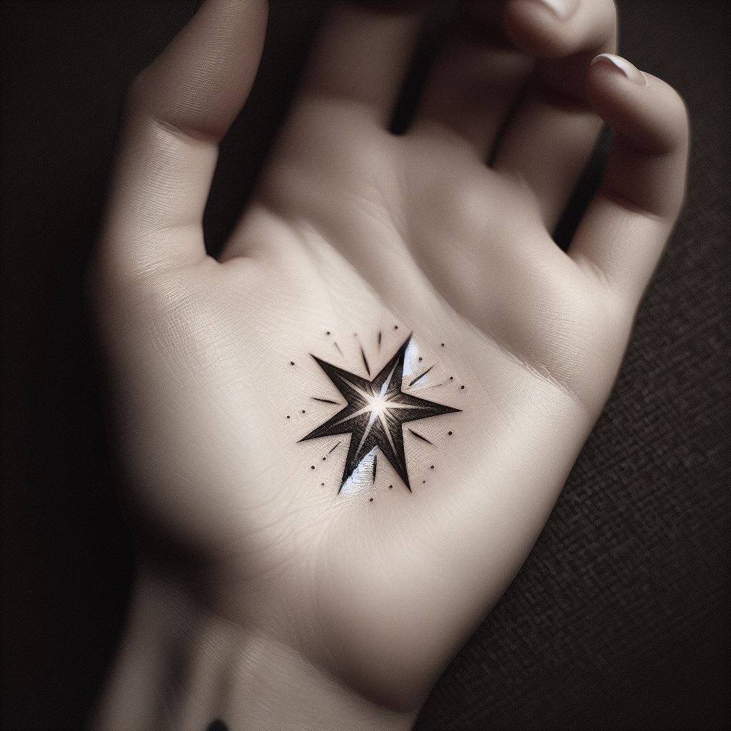 An intimate star tattoo placed on the side of the palm, featuring a tiny yet detailed star that appears to emit light. This unique placement allows for a personal symbol that is both visible and easily concealed, symbolizing one’s inner light shining through in everyday actions.