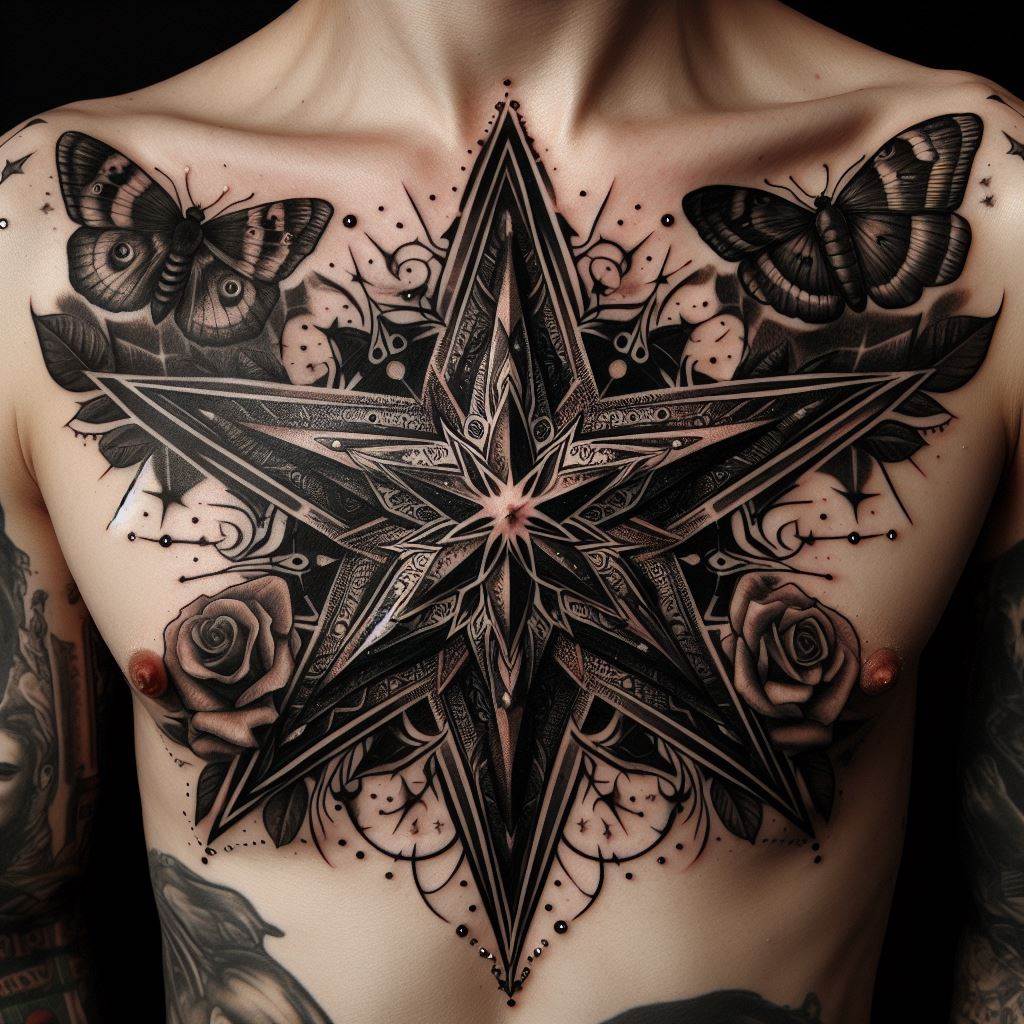 A gothic-inspired star tattoo on the chest, where the star is designed with intricate patterns and dark, bold lines. Surrounding the star are elements like moths, skulls, and roses, creating a tattoo that merges celestial beauty with edgy, gothic charm.