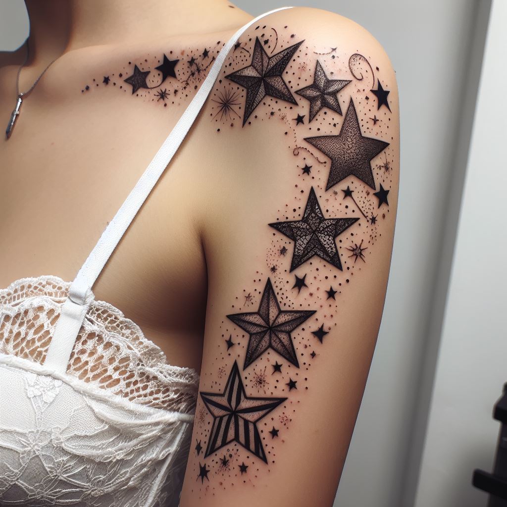 A whimsical trail of stars tattoo wrapping around the upper arm to the shoulder, each star designed with different textures and patterns such as lace, polka dots, and stripes. This playful take on the star theme adds a touch of whimsy and personal expression to the tattoo.
