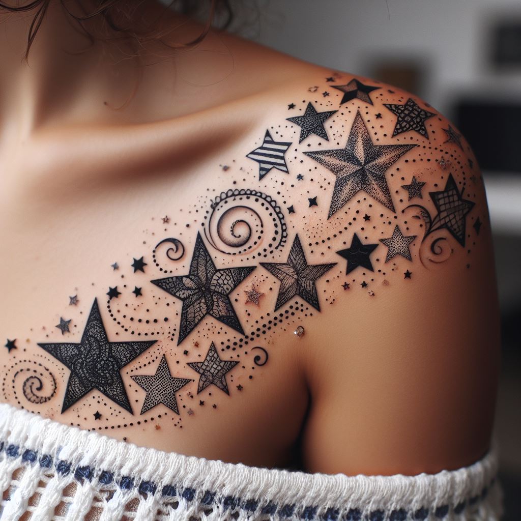A whimsical trail of stars tattoo wrapping around the upper arm to the shoulder, each star designed with different textures and patterns such as lace, polka dots, and stripes. This playful take on the star theme adds a touch of whimsy and personal expression to the tattoo.