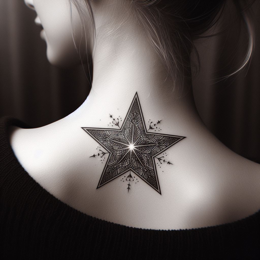 An elegant star tattoo on the back of the neck, featuring a delicate lace pattern within the star. This tattoo combines the timeless beauty of lace with the simplicity of a star, creating a subtle yet stunning piece that gracefully adorns the neck.