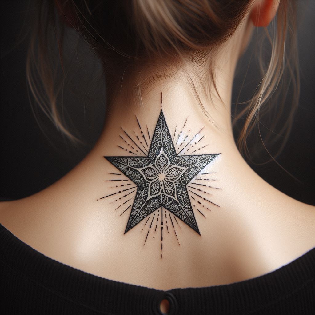 An elegant star tattoo on the back of the neck, featuring a delicate lace pattern within the star. This tattoo combines the timeless beauty of lace with the simplicity of a star, creating a subtle yet stunning piece that gracefully adorns the neck.