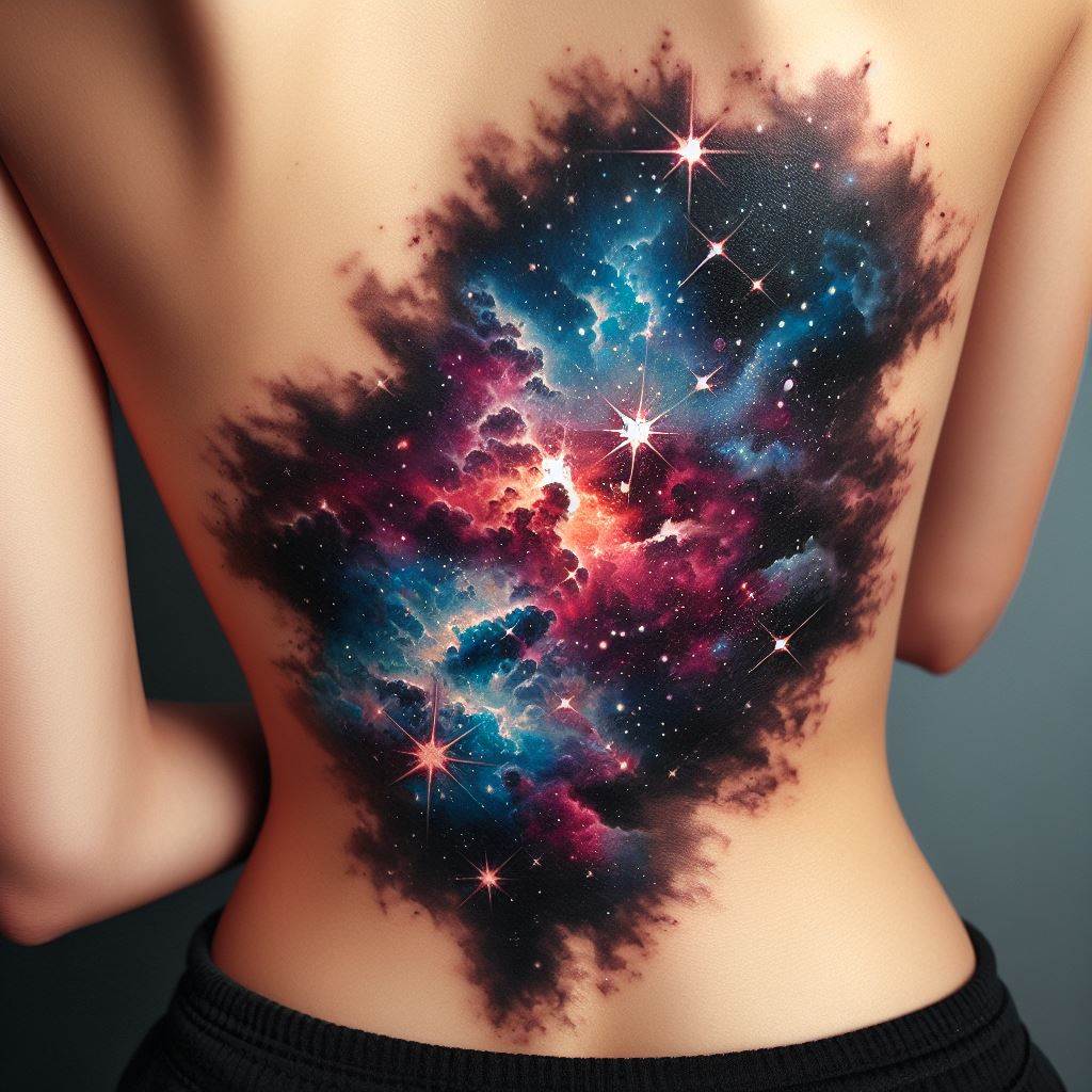 A cosmic star tattoo on the lower back, where stars are blended with nebulae and cosmic dust to create a breathtaking view of outer space. The design uses vibrant colors and subtle shading to bring depth and realism, making the tattoo a personal galaxy to carry wherever you go.