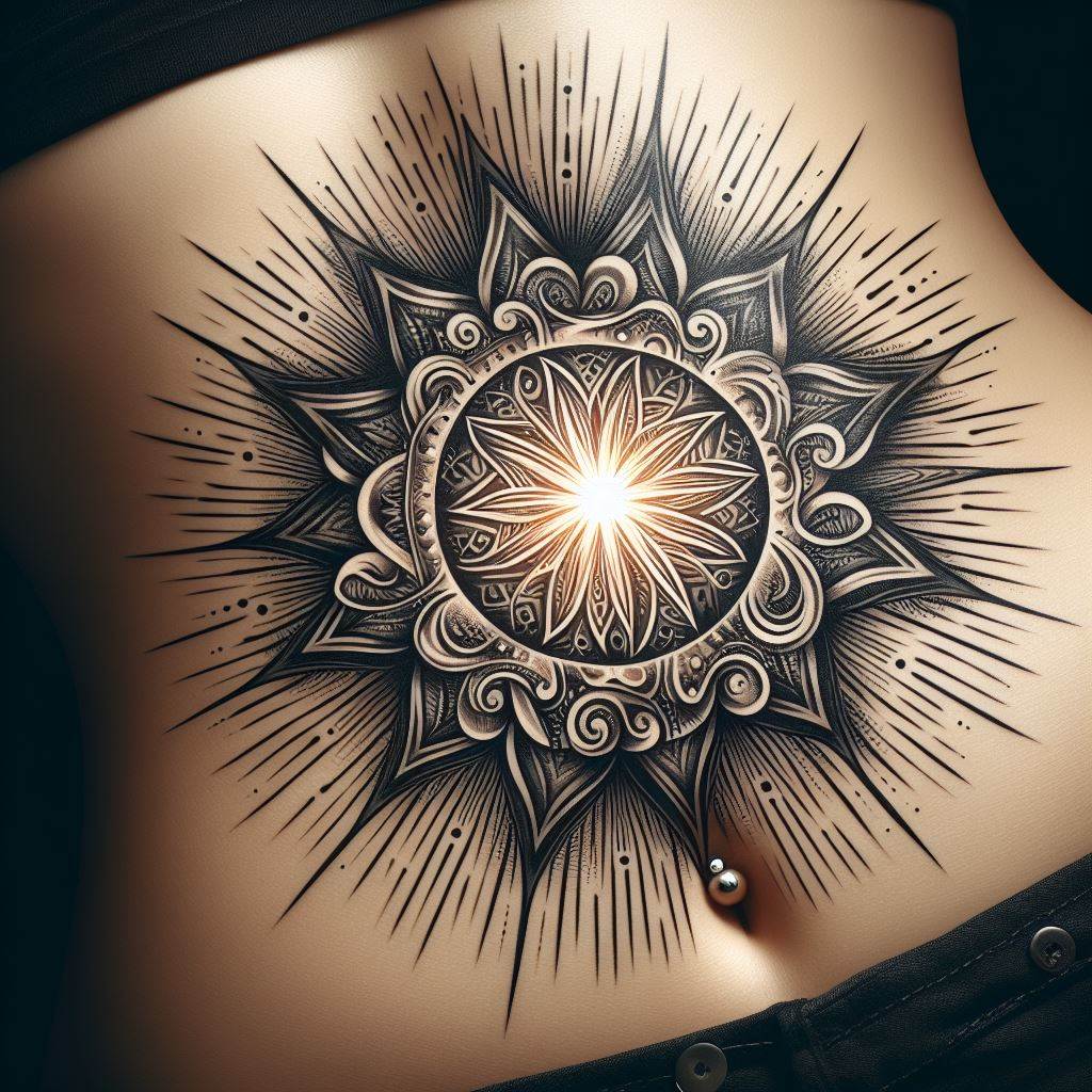 An ornate star tattoo encircling the navel, with rays of light extending outward in intricate patterns. This design turns the body into a celestial event, with the navel as the glowing center of a radiant star, symbolizing life, energy, and creativity.