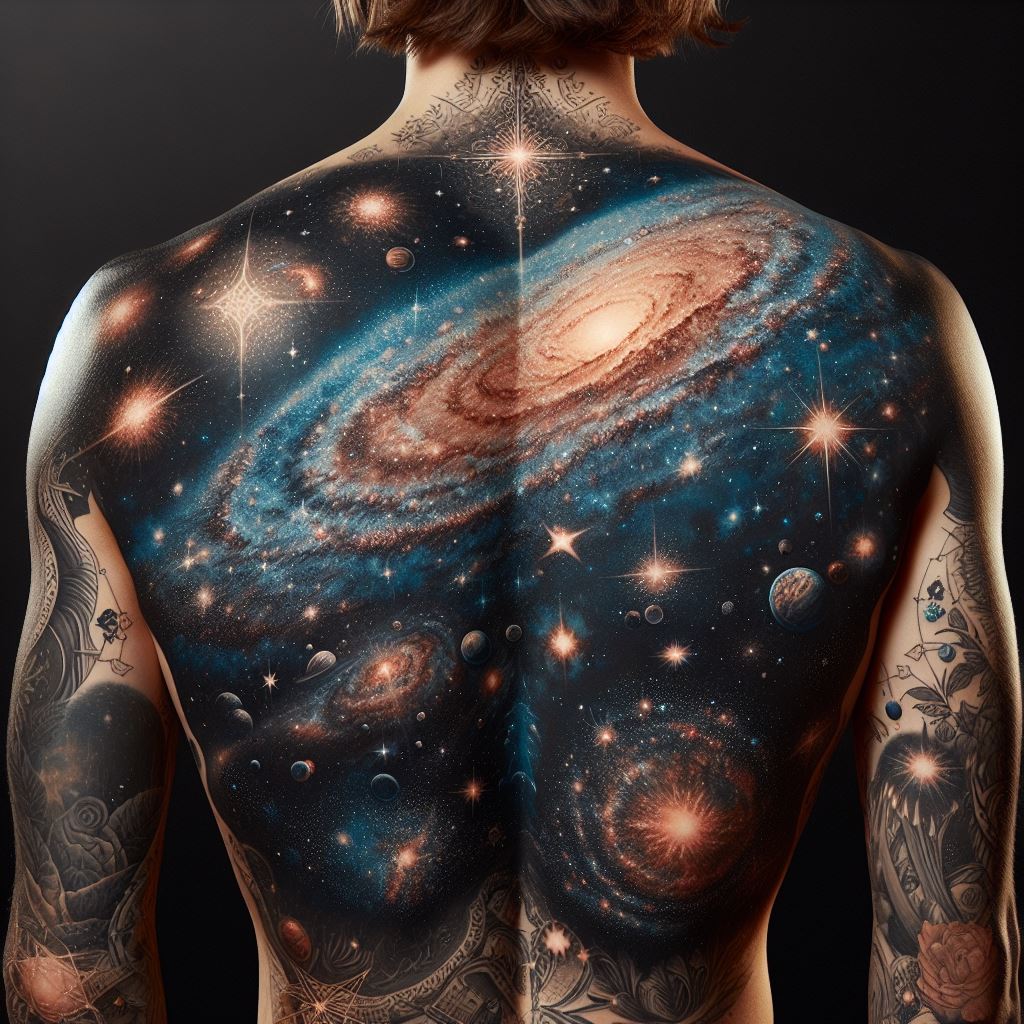 An expansive celestial tattoo covering the entire back, featuring an array of stars, galaxies, and celestial phenomena. Each element is carefully placed to create a vast and detailed representation of the universe, making the back a canvas for a breathtaking celestial masterpiece.