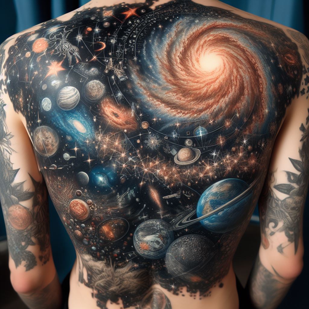 An expansive celestial tattoo covering the entire back, featuring an array of stars, galaxies, and celestial phenomena. Each element is carefully placed to create a vast and detailed representation of the universe, making the back a canvas for a breathtaking celestial masterpiece.
