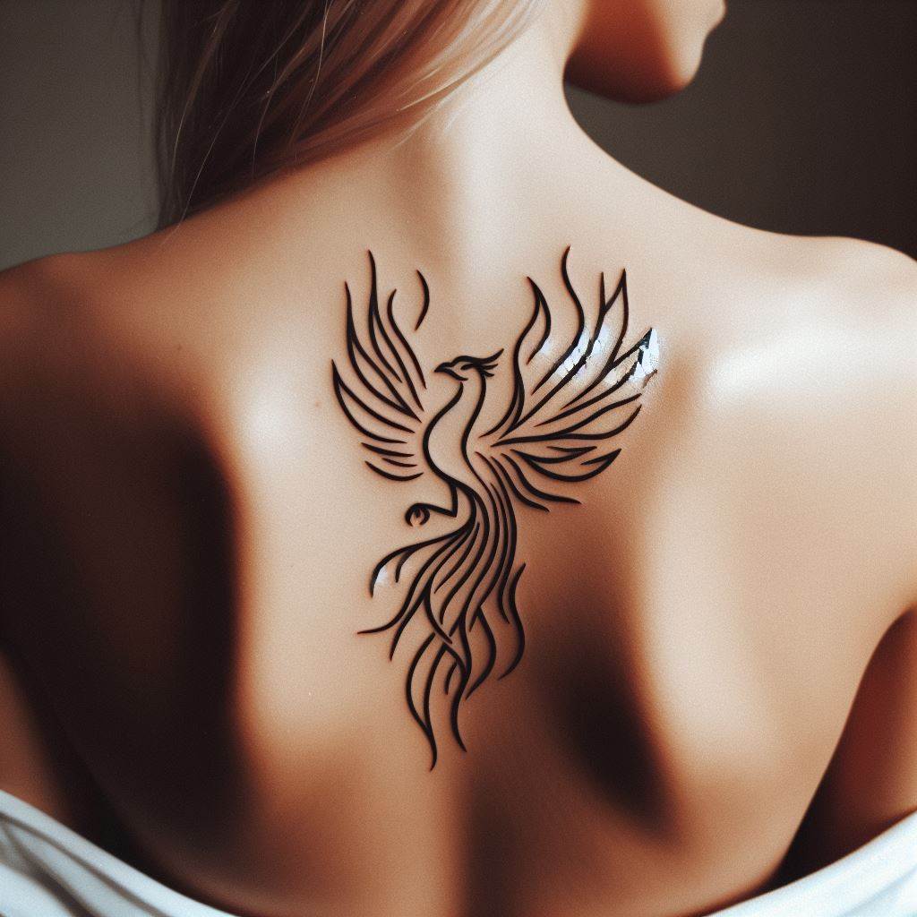 A simplified, outline design of a phoenix in mid-rise from the ashes, located on the shoulder blade. This minimalist tattoo symbolizes rebirth, transformation, and the power to emerge stronger from challenges.