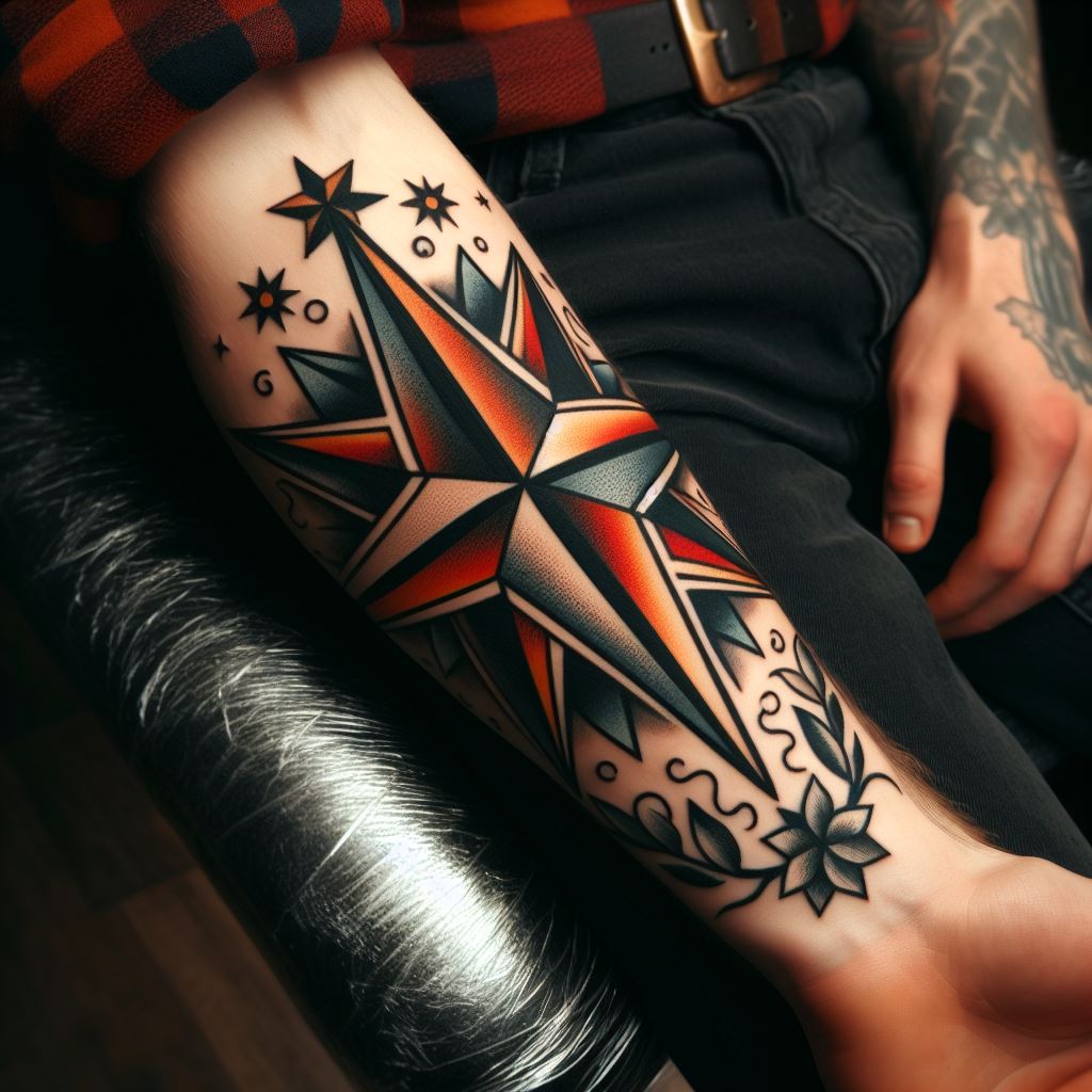 A vintage-style star tattoo on the forearm, inspired by classic nautical stars used by sailors for navigation. This tattoo combines history and personal direction, using traditional designs and bold, solid colors to create a timeless piece.