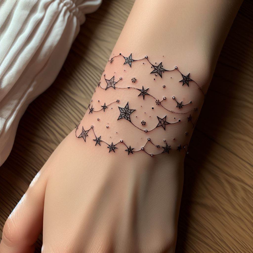 A series of small, interconnected star tattoos forming a delicate bracelet around the wrist. Each star varies in design, incorporating elements like dots, hearts, and tiny flowers, creating a personalized and enchanting piece of jewelry made from ink.
