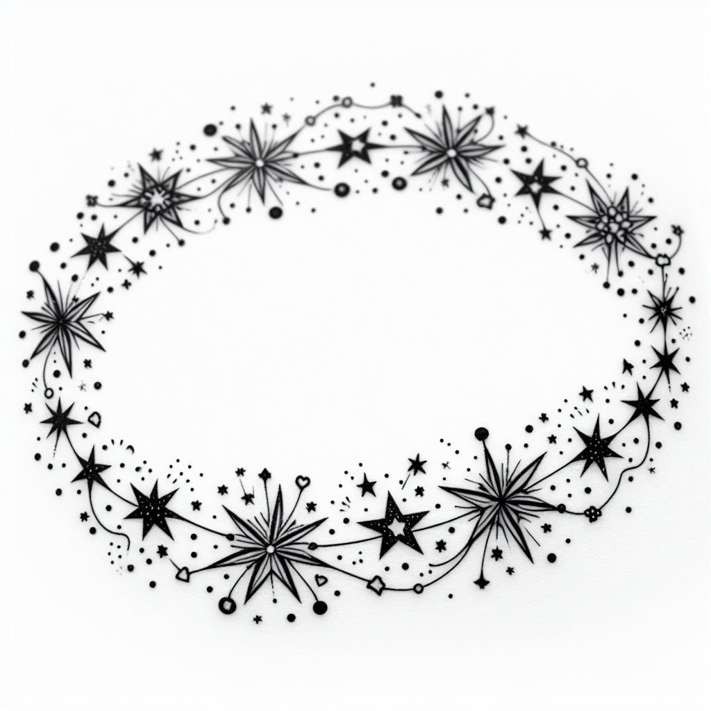 A series of small, interconnected star tattoos forming a delicate bracelet around the wrist. Each star varies in design, incorporating elements like dots, hearts, and tiny flowers, creating a personalized and enchanting piece of jewelry made from ink.