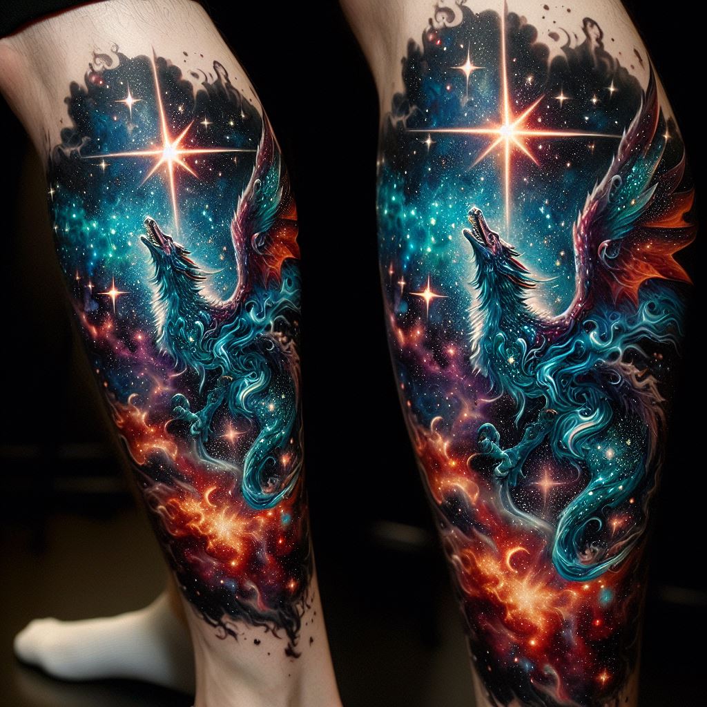 An elaborate star tattoo on the calf, depicting a mythical creature emerging from a starry nebula. The design blends elements of fantasy with the cosmic theme, using vibrant colors and dynamic compositions to bring the mythical narrative to life on the skin.