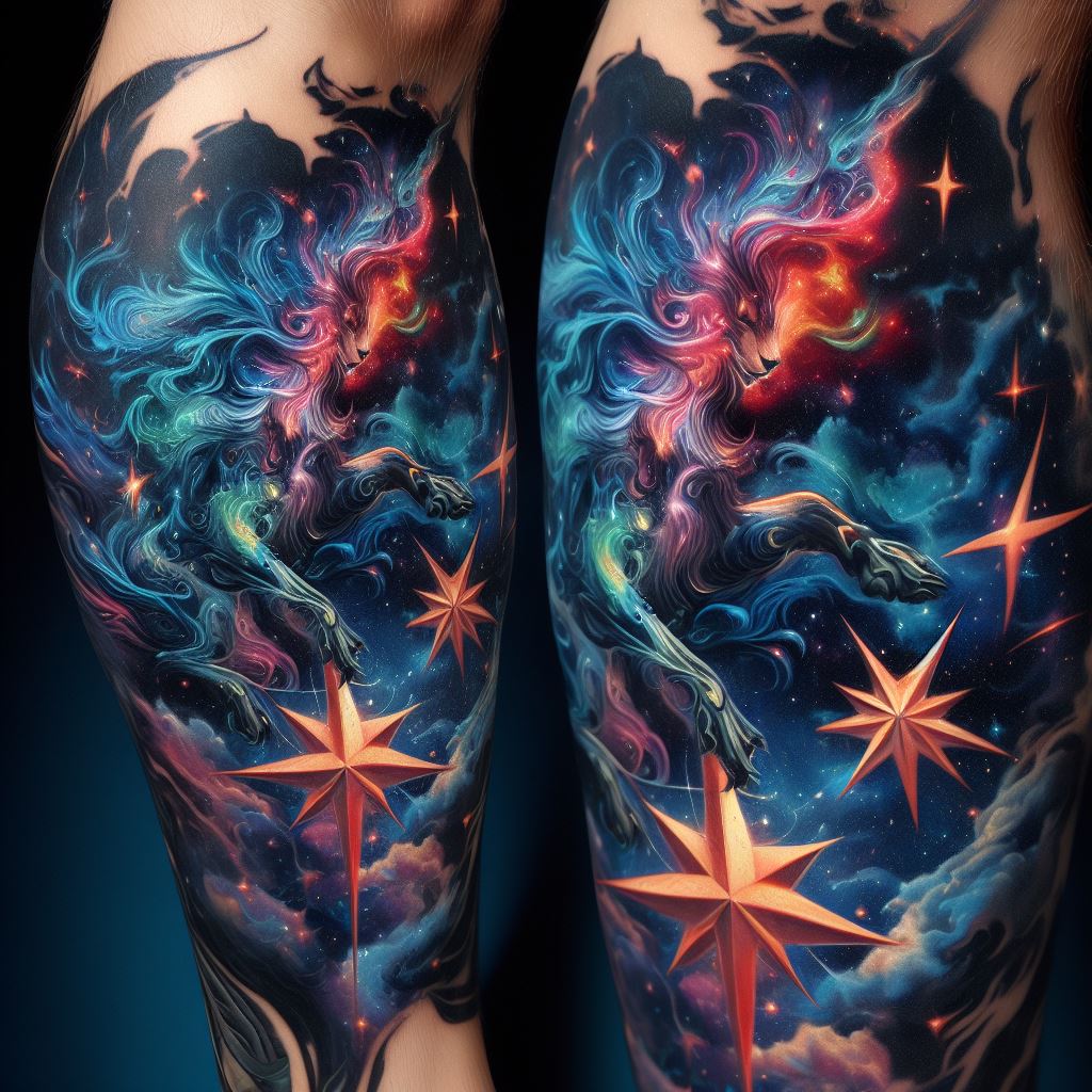 An elaborate star tattoo on the calf, depicting a mythical creature emerging from a starry nebula. The design blends elements of fantasy with the cosmic theme, using vibrant colors and dynamic compositions to bring the mythical narrative to life on the skin.