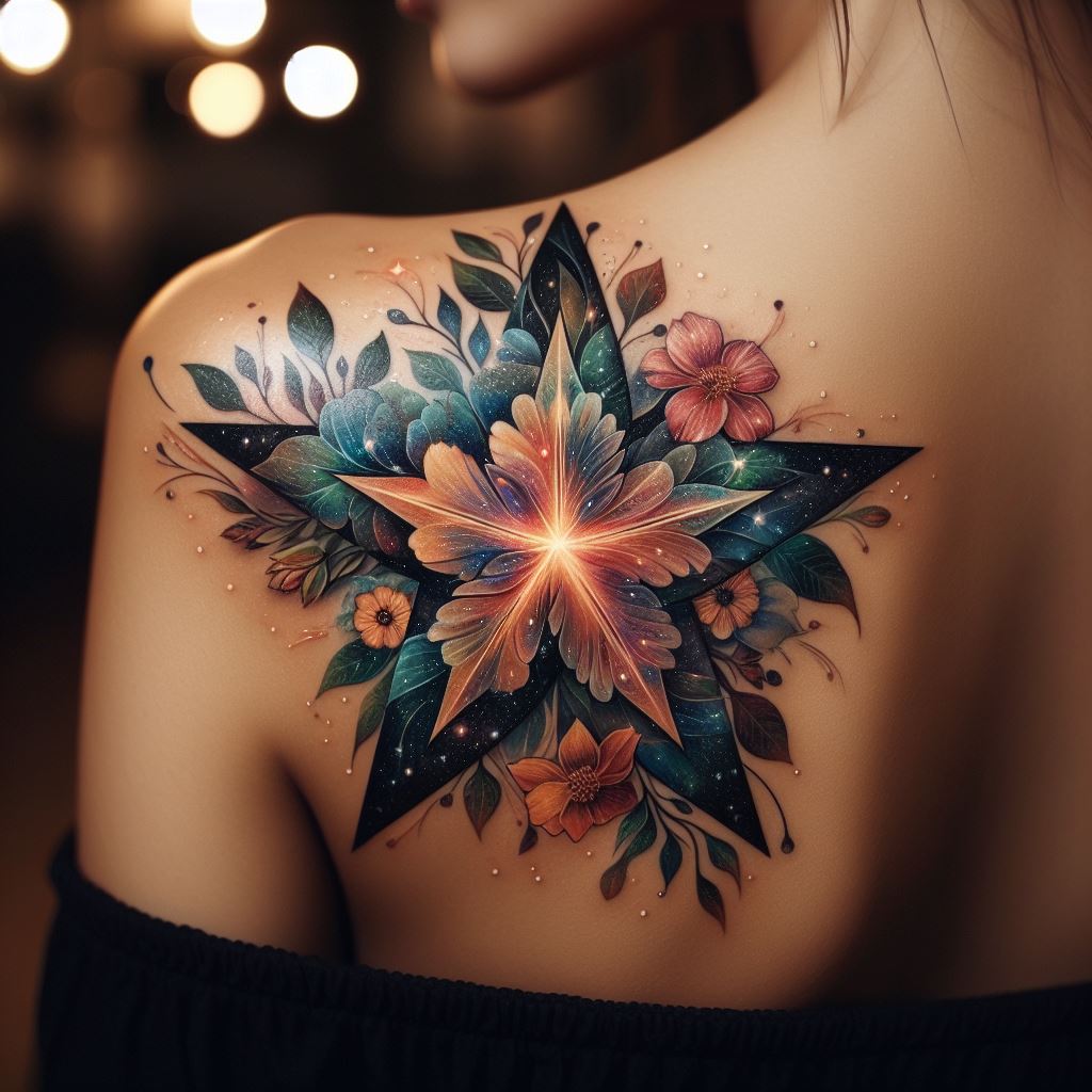 A fusion of floral and celestial elements in a star tattoo on the shoulder, where the star is made up of various flowers, each petal glowing with a luminescent quality. This design celebrates the beauty of the natural world, linking the earth to the stars in a harmonious blend.
