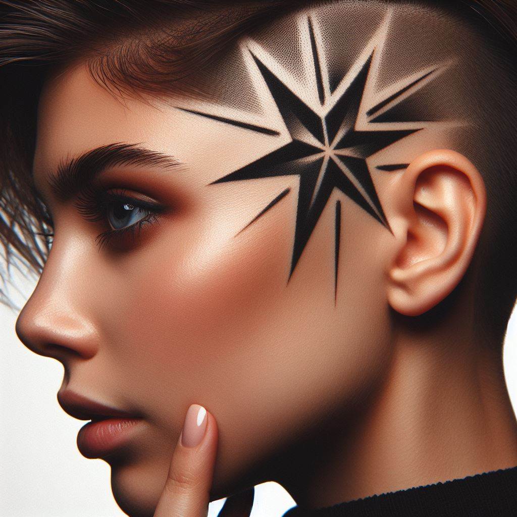 An avant-garde star tattoo on the side of the head, shaved into the hairline for a bold and unexpected canvas. This star is designed with geometric precision, creating an edgy and modern interpretation that becomes visible only when the hair is styled to reveal it, symbolizing hidden depths and personal revelations.