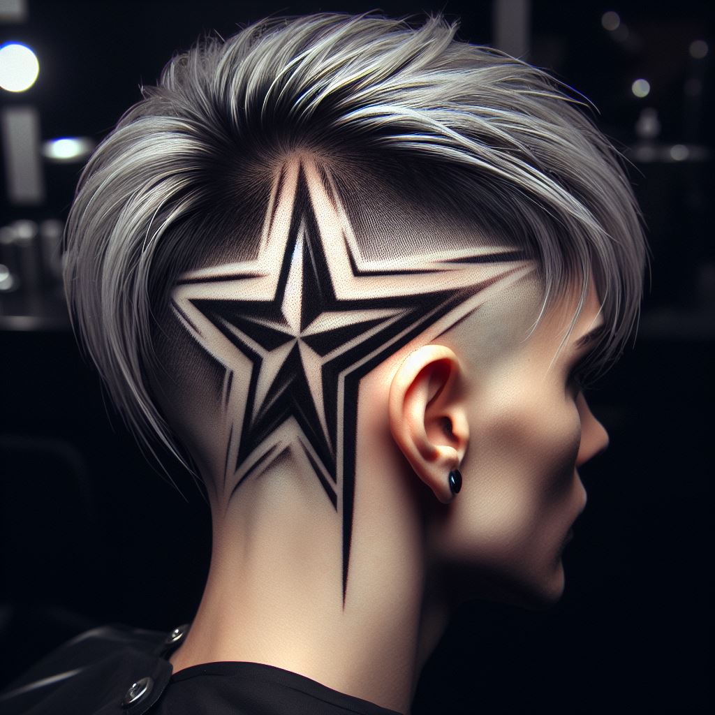 An avant-garde star tattoo on the side of the head, shaved into the hairline for a bold and unexpected canvas. This star is designed with geometric precision, creating an edgy and modern interpretation that becomes visible only when the hair is styled to reveal it, symbolizing hidden depths and personal revelations.