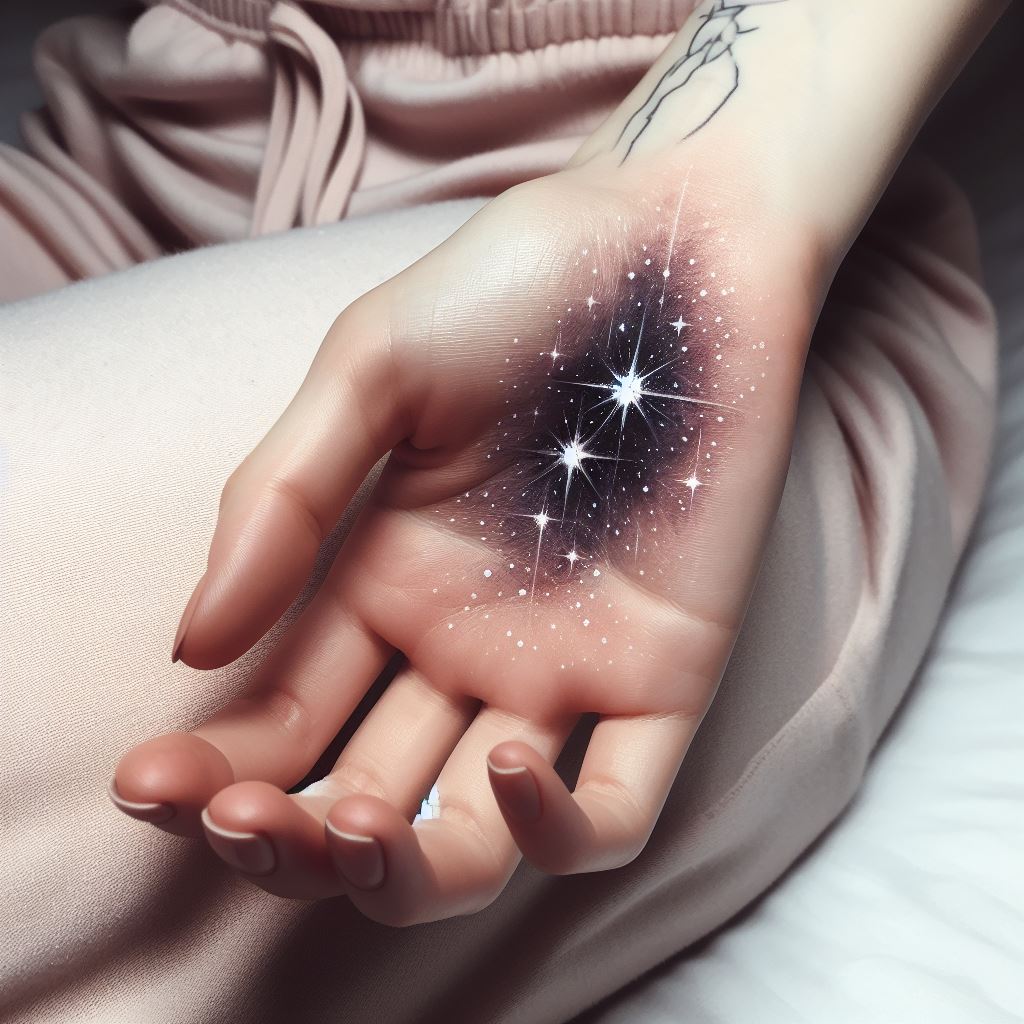 A dreamy star tattoo on the back of the hand, where a cluster of stars forms a small galaxy within the grasp of the wearer. This design uses subtle gradients and fine lines to create a sense of depth and wonder, turning the hand into a vessel carrying its own universe.