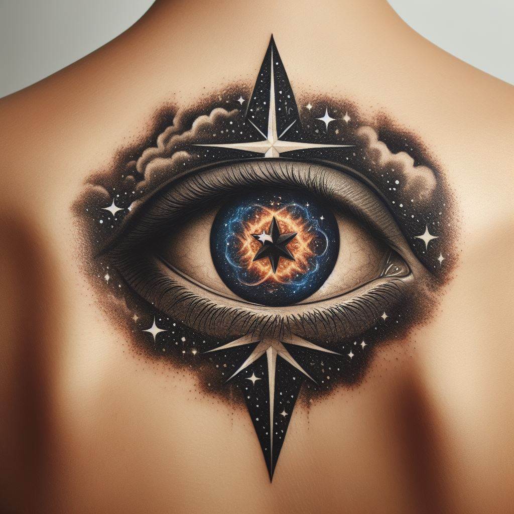 A mystical star tattoo encased within an eye on the upper back, symbolizing vision beyond the visible. The eye is detailed with a galaxy within, where the pupil is a star, merging the concepts of sight and cosmic understanding into a captivating design.