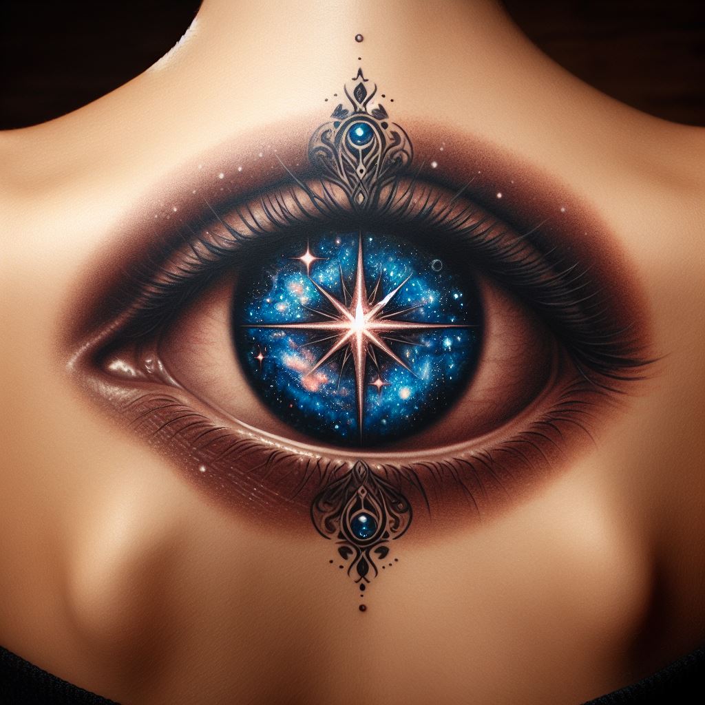 A mystical star tattoo encased within an eye on the upper back, symbolizing vision beyond the visible. The eye is detailed with a galaxy within, where the pupil is a star, merging the concepts of sight and cosmic understanding into a captivating design.