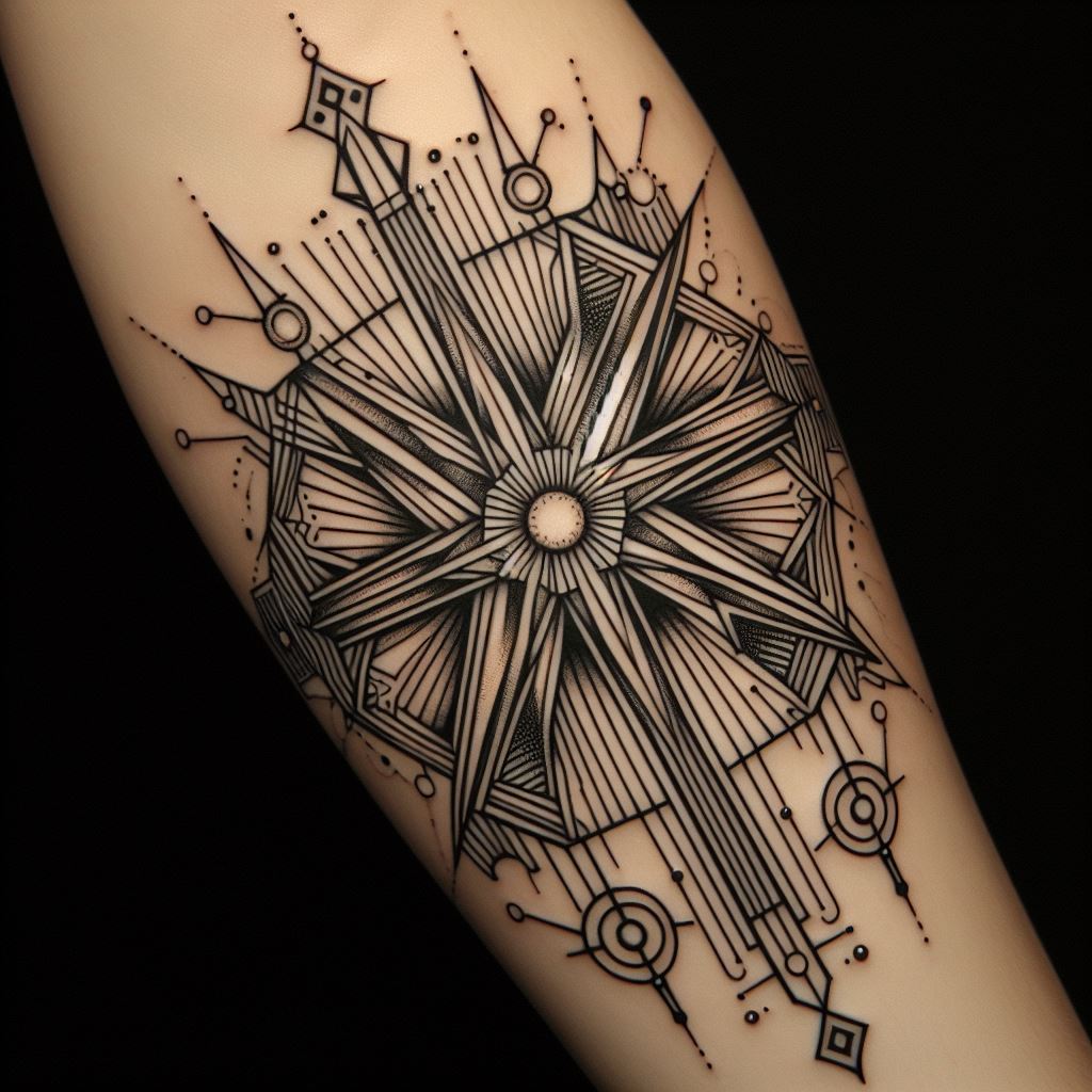 An Art Deco-inspired star tattoo on the forearm, featuring geometric shapes and symmetrical designs typical of the era. This star is embellished with lines, circles, and rays, creating a stylish and sophisticated piece that pays homage to the elegance and glamour of the 1920s.