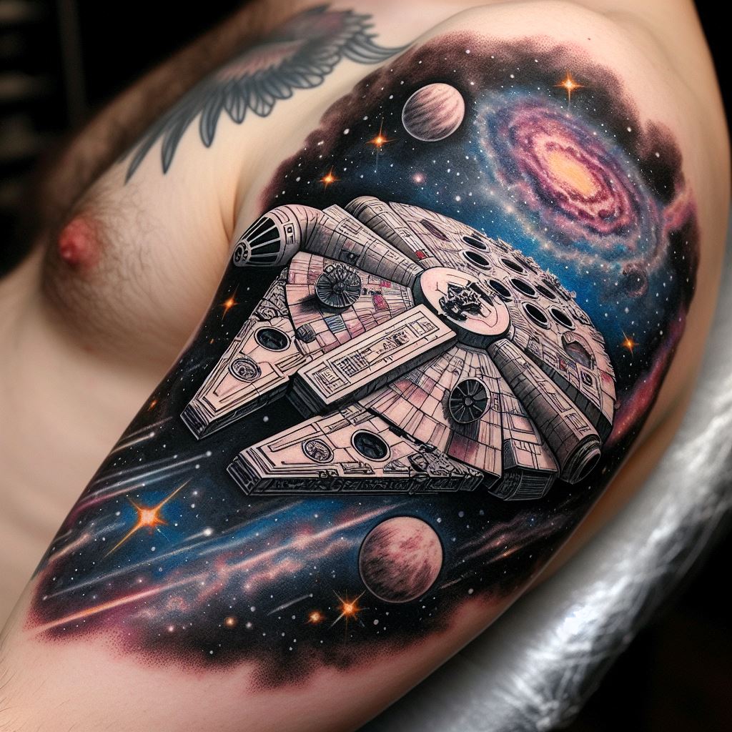 A detailed tattoo of the Millennium Falcon flying through a galaxy, with a backdrop of stars and planets, positioned on the upper arm. The design incorporates intricate linework for the spacecraft detailing, and soft shading to give depth to the cosmic scene.