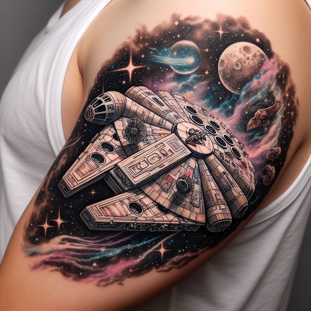 A detailed tattoo of the Millennium Falcon flying through a galaxy, with a backdrop of stars and planets, positioned on the upper arm. The design incorporates intricate linework for the spacecraft detailing, and soft shading to give depth to the cosmic scene.
